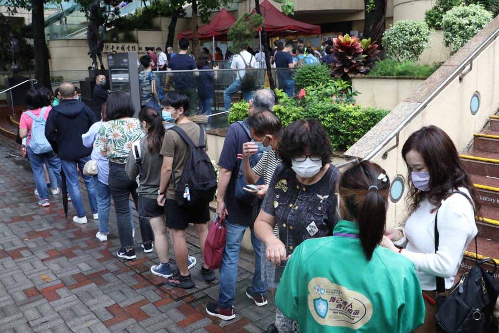 Long queue for Covid-19 vaccinations seen at the Hong Kong Central Library in Causeway Bay on July 19. Photo: Winson Wong