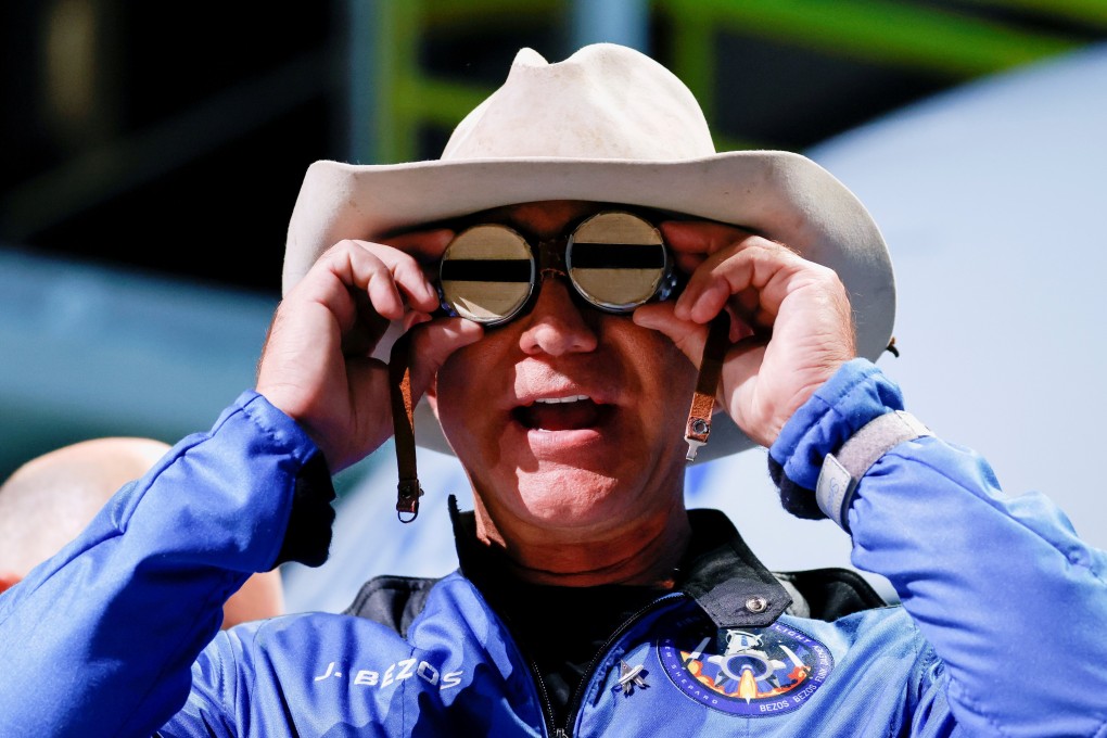 Billionaire American businessman Jeff Bezos wears goggles owned by Amelia Earhart, which he carried into space, at a post-launch press conference after he flew on Blue Origin’s inaugural flight to the edge of space, in the town of Van Horn, Texas, on July 20.   Photo: Reuters