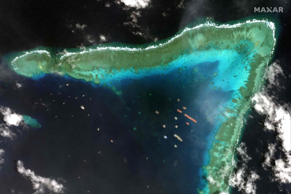 Satellite imagery taken on March 23 from Maxar Technologies shows Chinese vessels anchored at the Whitsun Reef, a feature in the Spratly Islands in the South China Sea. Photo: AFP