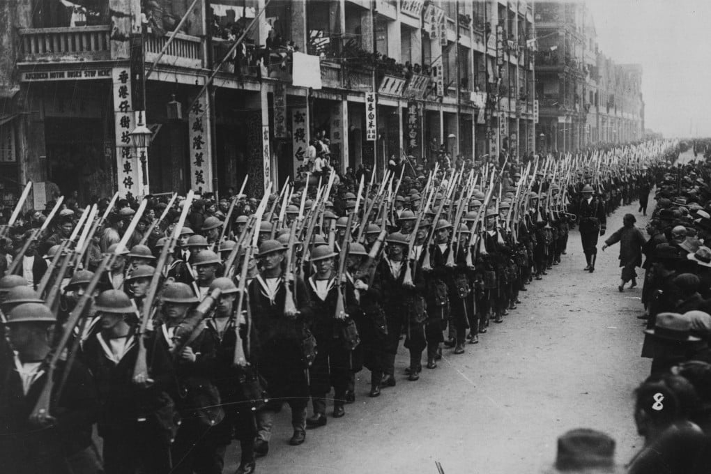 British sailors march in Hong Kong in December 1937 in a show of force as the threat of war looms. Mimi Kwa’s grandfather, two of his wives and their children, including her father, fled Swatow for Hong Kong in the late 1930s, as she writes in her book House of Kwa. Photo: Getty Images