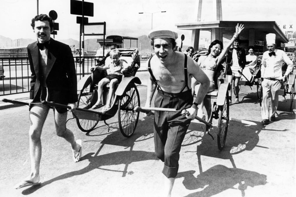 The Excelsior Hotel team warms up before taking part in the rickshaw derby at Victoria Park in Causeway Bay in August, 1975. Photo: Courtesy of Excelsior Hotel