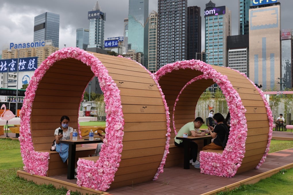 Visitors enjoy the pop-up initiative HarbourChill, where shelters, chairs and swings were set up for enjoyment next to the Pierside Precinct of Wan Chai Ferry Pier on May 29. Photo: Nora Tam