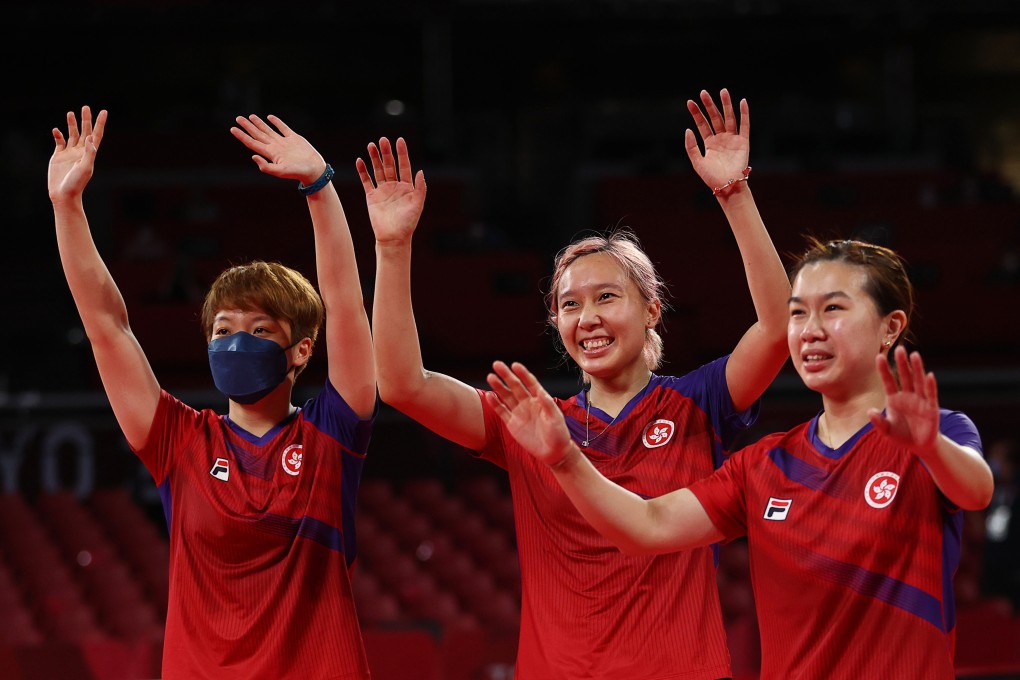 Doo Hoi-kem (left), Minnie Soo (centre) and Lee Ho-ching celebrate after winning their women’s team bronze medal match against Germany at the Tokyo Olympics on August 5. Photo: Reuters