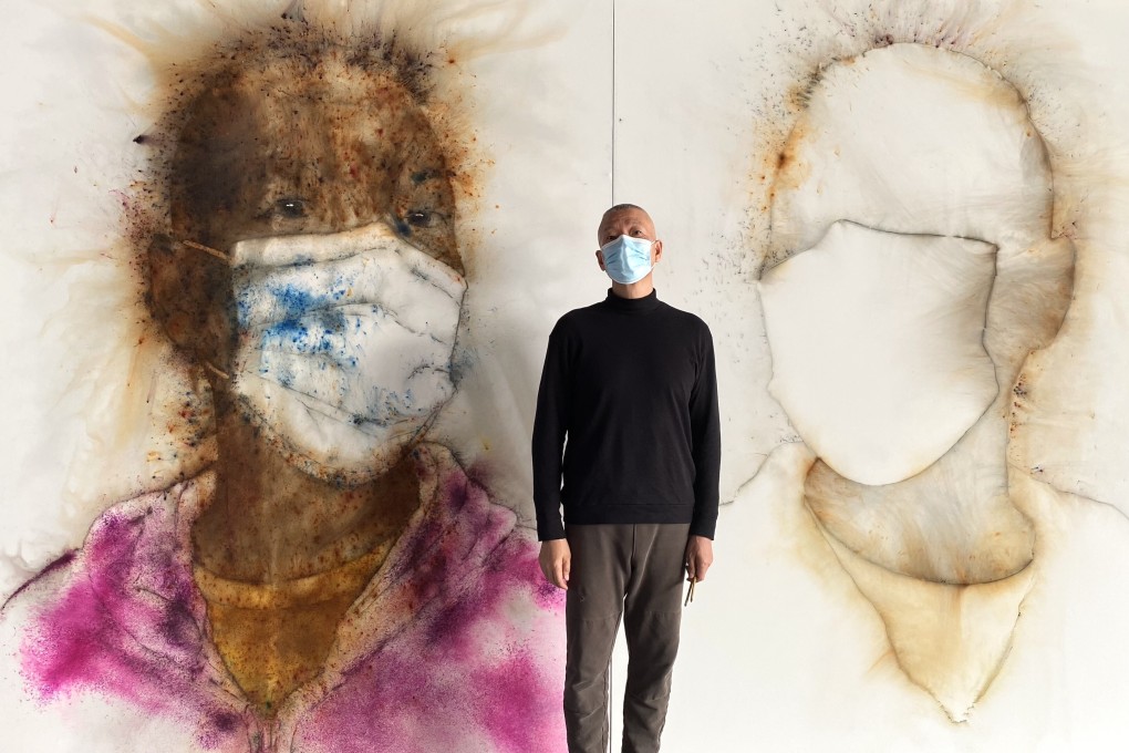 Cai Guo-qiang and the gunpowder painting Exploding the Self, a digital version of which TR Lab will offer for sale in an NFT auction in September. Photo: Luo Sang, courtesy of Cai Studio
