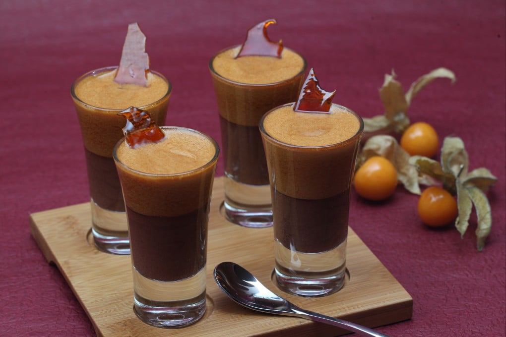 Chocolate and caramel verrines with salted peanut praline.