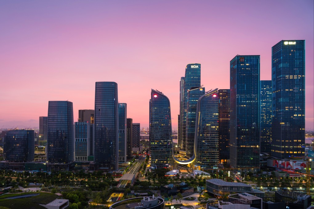 The Qianhai business district in Shenzhen, China, at sunset on May 29. Hong Kong businesses will be allowed to use at least a third of new land being set aside in neighbouring Shenzhen as part of the Qianhai economic zone’s mammoth expansion. Photo: Getty Images