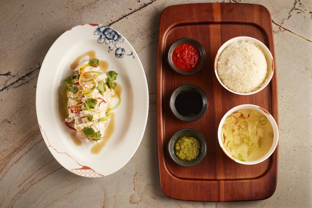 Hainanese chicken rice with pak choi, served at the Pan Pacific London. The first European property of the Singapore-based Pan Pacific Hotels group advertises the Lion City through its food, drinks, decor and hospitality.