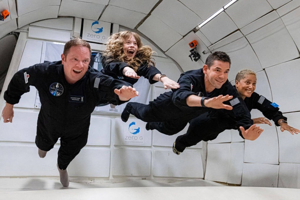 The Inspiration4 crew (from left) Chris Sembroski, Hayley Arceneaux, Jared Isaacman and Sian Proctor float in zero gravity during a plane ride in preparation for their trip to Earth’s orbit. Photo: AFP