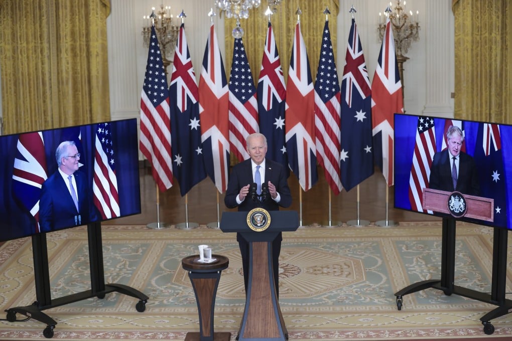 US President Joe Biden unveils the Aukus security initiative in the East Room of the White House in Washington, DC, on September 15, with Australian Prime Minister Scott Morrison (left) and British Prime Minister Boris Johnson. Photo: EPA-EFE