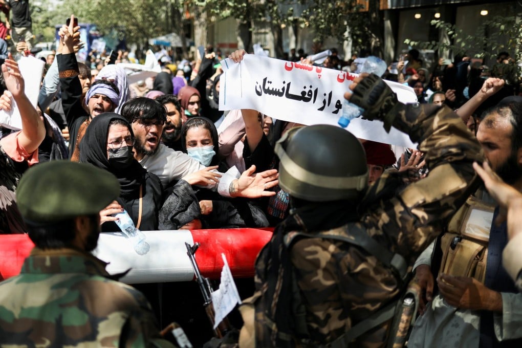 Taliban soldiers block protesters during an anti-Pakistan demonstration in Kabul, Afghanistan, on September 7. Photo: Reuters