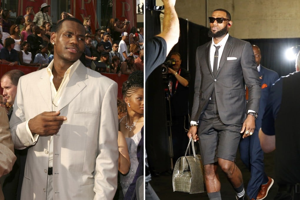 LeBron James in an ill-fitting baggy suit in 2003 (above, left) and in Thom Browne in 2018 as he arrives for the Cleveland Cavaliers’ first game in the NBA Finals. Photos: Chris Polk/FilmMagic and Lachlan Cunningham/Getty Images
