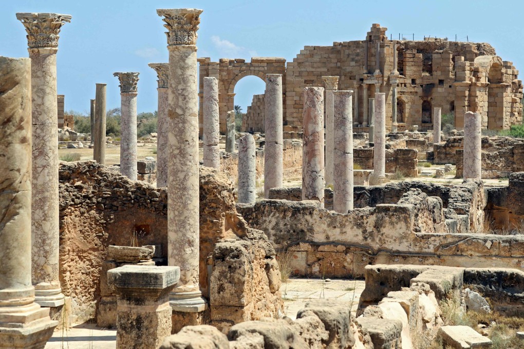 Marble columns in the ancient Roman city of Leptis Magna, in the coastal Libyan city of Al-Khums. Photo: Mahmud Turkia / AFP
