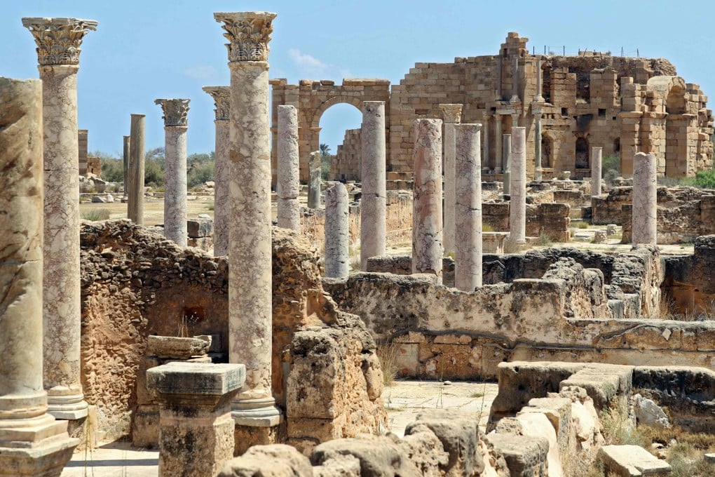 Marble columns in the ancient Roman city of Leptis Magna, in the coastal Libyan city of Al-Khums. Photo: Mahmud Turkia / AFP