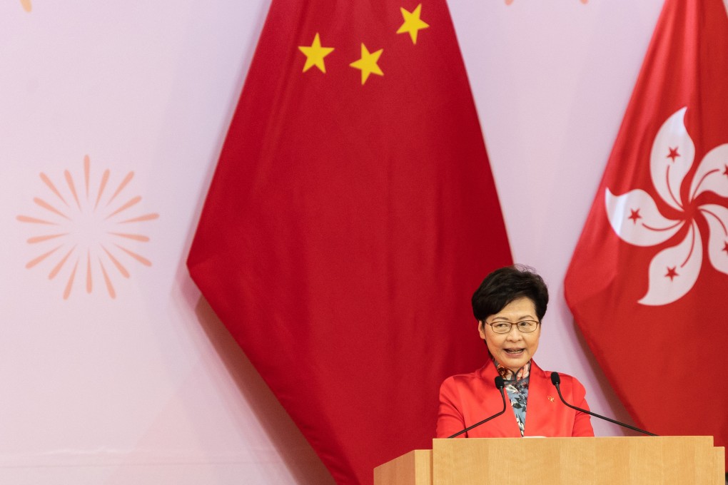 Hong Kong Chief Executive Carrie Lam speaks at a reception to celebrate National Day in Hong Kong on October 1. Lam should explain to the people of Hong Kong what mainland policies mean and how we should interpret them. Photo: Bloomberg