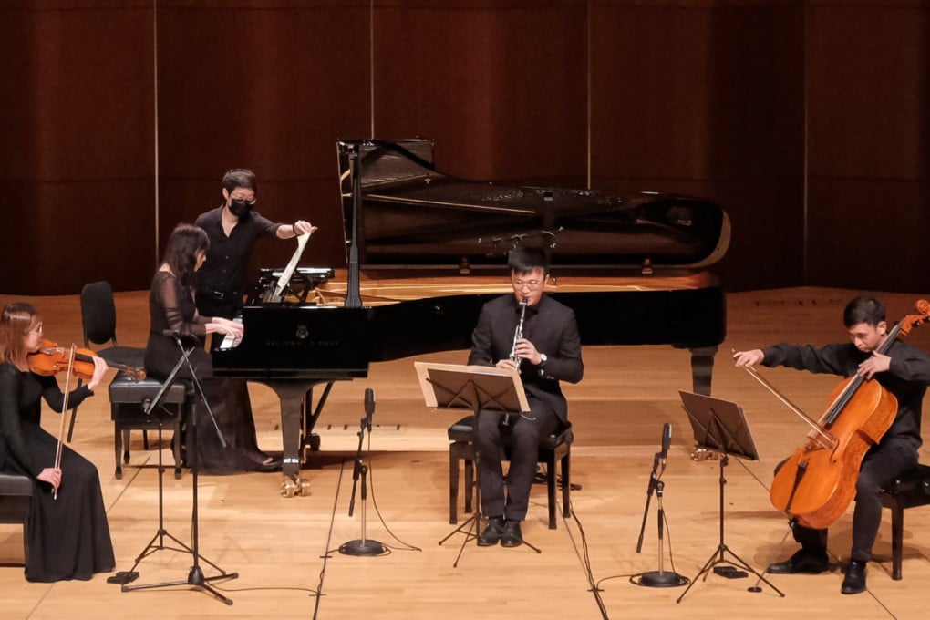 Kitty Cheung (violin), Linus Fung (clarinet), Eric Yip (cello) and Nancy Loo (piano) perform Olivier Messiaen’s Quartet for the End of Time on October 8 at the University of Hong Kong’s Grand Hall, in a concert marking the 40th anniversary of the university’s music department.
