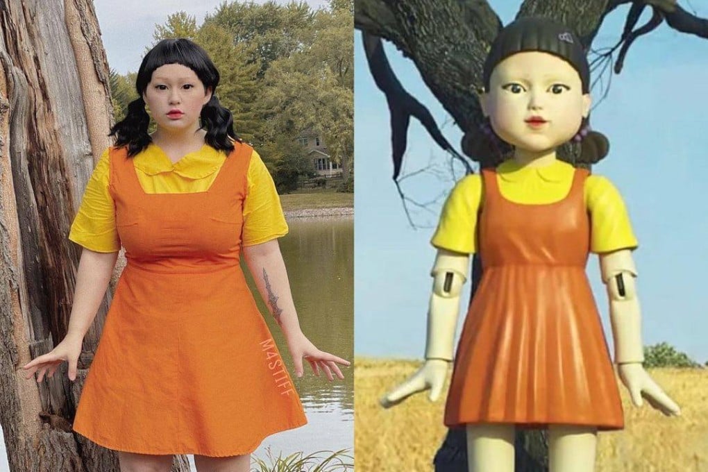 An Instagram user and Squid Game fan wearing a DIY costume recreating the iconic doll in the show. Photo: Instagram