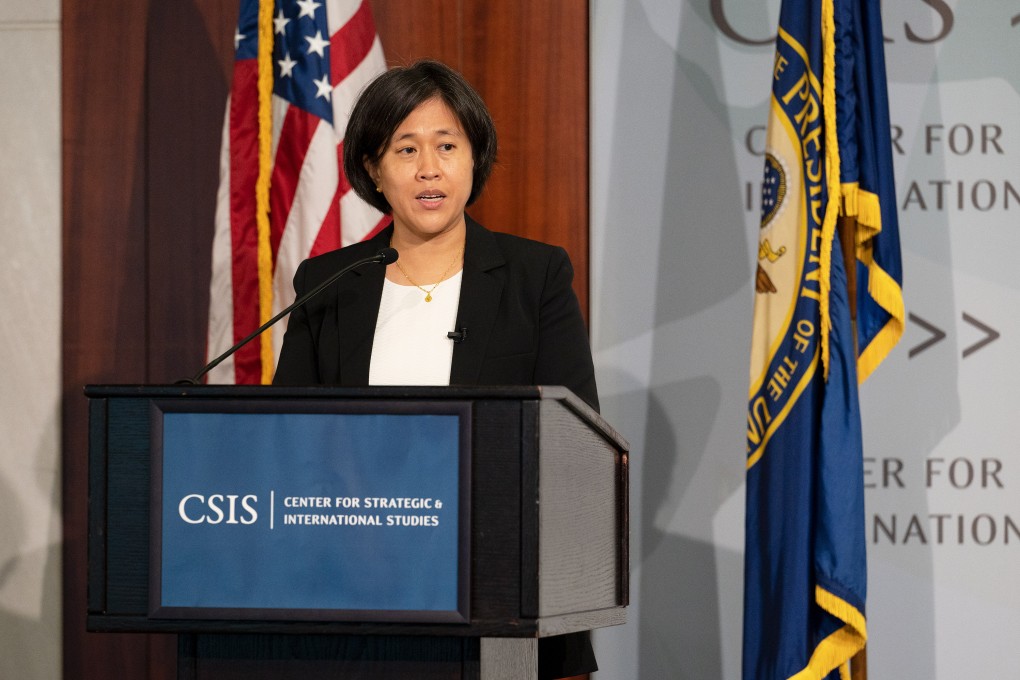 US Trade Representative Katherine Tai speaks at the Center for Strategic and International Studies in Washington on October 4. She failed to dispel concerns that the US might launch a probe into Chinese industrial subsidies, which could lead to more tariffs. Photo: Bloomberg