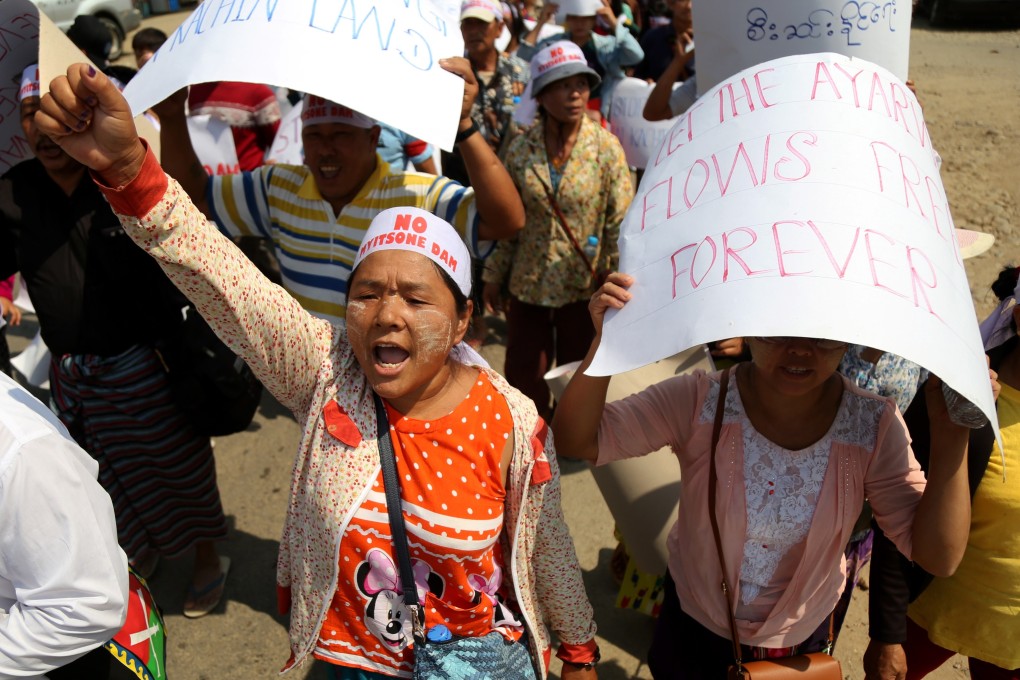 Locals protest against the Irrawaddy Myitsone dam project in Kachin state, Myanmar, on April 22, 2019. The dam is being built by the Myanmar government and China Power Investment Corporation. Chinese SOEs dominate the global dam-building industry. Photo:EPA-EFE