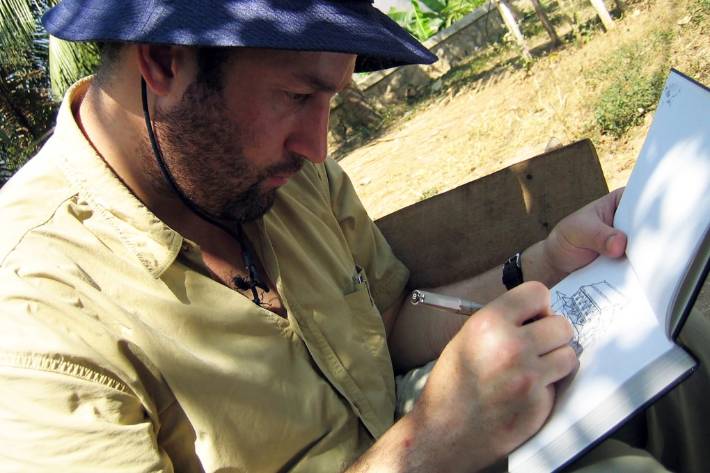 Tom Schmidt sketching in Laos. “When you make a sketch, you’re documenting a memory,” says the Hong Kong-based architect, some of whose sketches have been collected in book form.