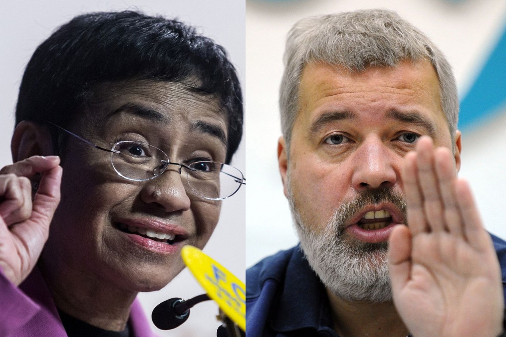 Maria Ressa (left), co-founder and CEO of Philippines-based news website Rappler, and Dmitry Muratov, editor-in-chief of Russia’s main opposition newspaper Novaya Gazeta, received the Nobel Peace Prize for their efforts to uphold freedom of the press. Photo: AFP/TNS