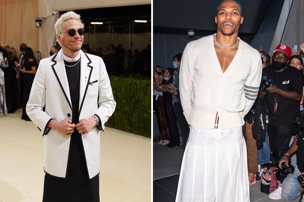 Comedian Pete Davison (left) wore a skirt to at the Met Gala in September 2021, while
NBA star Russell Westbrook attended the 2021 New York Fashion Week in a Thom Browne white pleated men’s skirt. Photos: Getty Images and GC Images