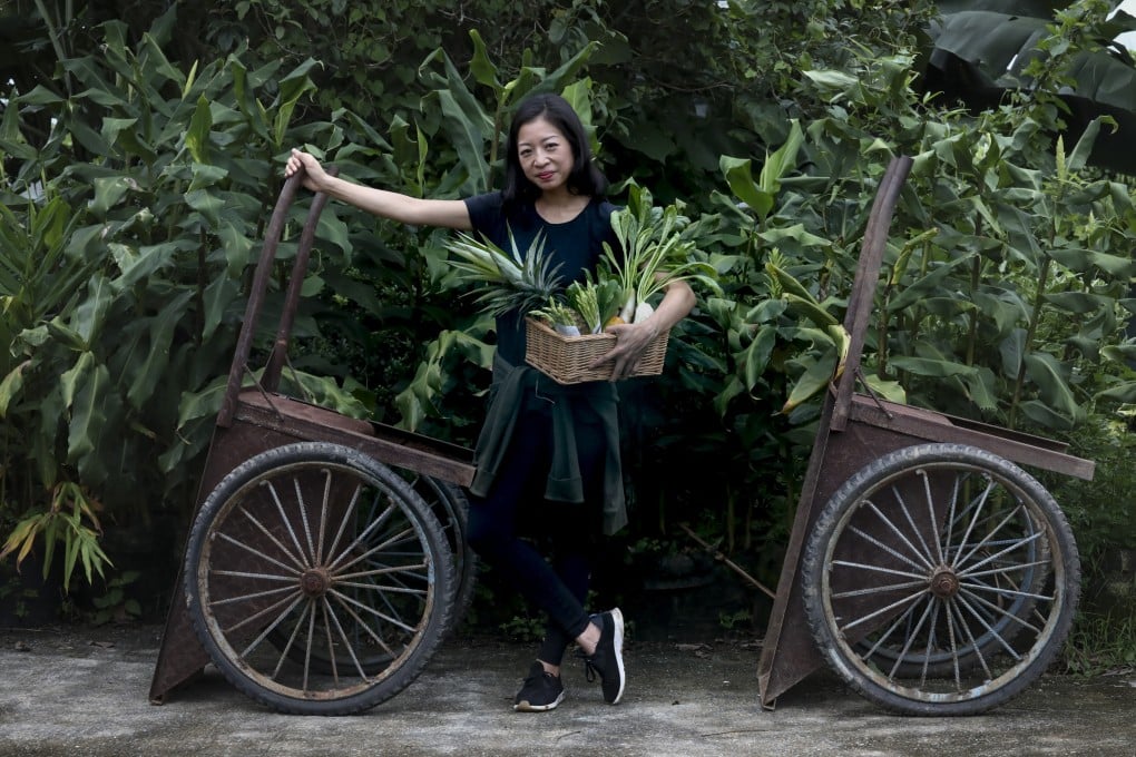Chef and author Peggy Chan, with fresh produce grown at the Zen Organic Farm, in Ta Kwu Ling, the New Territories. Photo: Jonathan Wong
