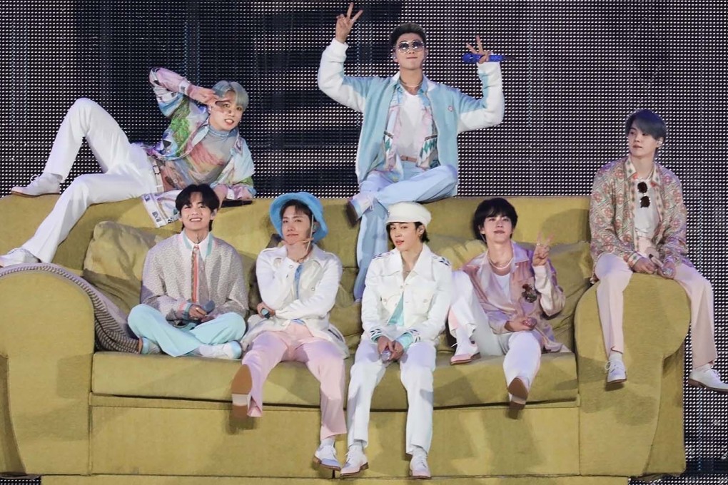 BTS performing Boy with Luv on a giant yellow sofa at their online Permission to Dance on Stage concert in Seoul. Photo: Bighit Music