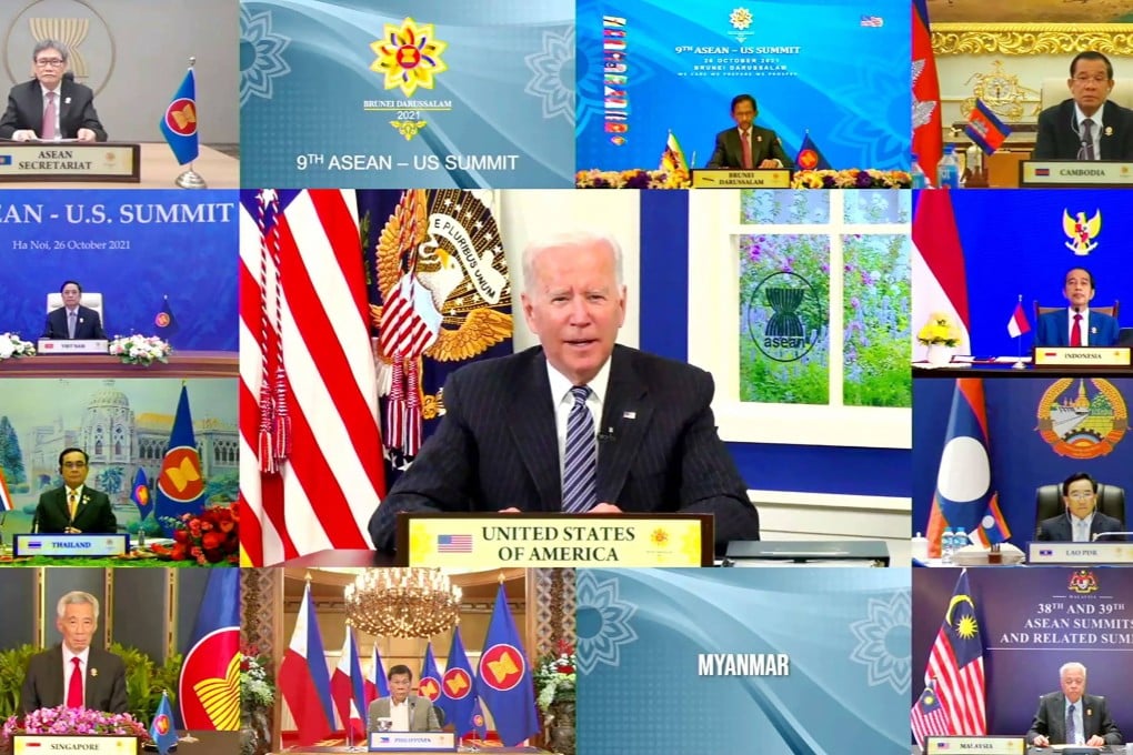 US President Joe Biden (centre) takes part in the Asean-US Summit held online on October 26. Despite claims of supporting Asean centrality, the US and its allies’ actions have undermined regional security. Photo: AFP