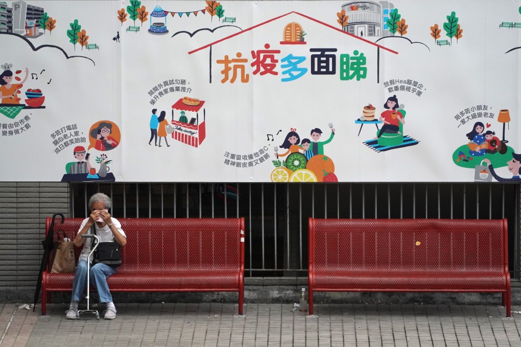 An elderly woman sits alone on a bench in Sha Tin on August 28, 2020. Living alone, being a woman and being widowed have all been identified as risk factors for at-home suicide. Photo: Felix Wong