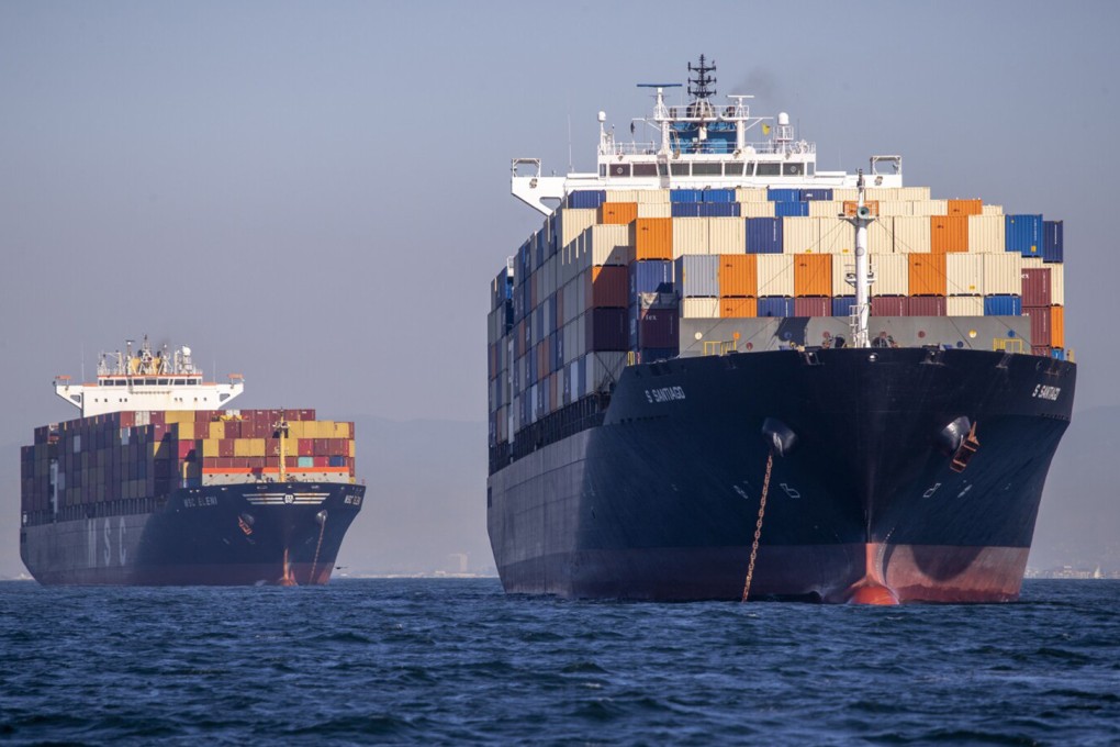 Some of the dozens of container ships siting off the coast of the Ports of Los Angeles and Long Beach while waiting to be unloaded on October 13. Photo: TNS