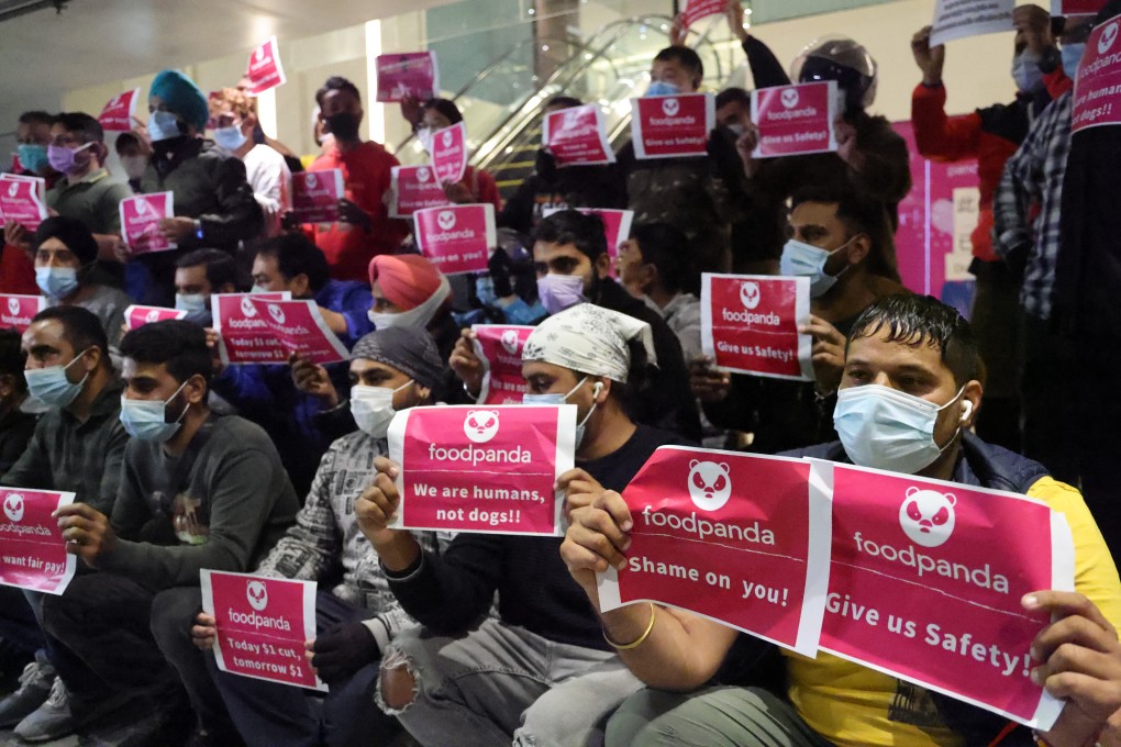 Foodpanda workers on strike in Kowloon Bay. A trio of food delivery workers in Hong Kong tell of the job’s many problems. Photo: May Tse