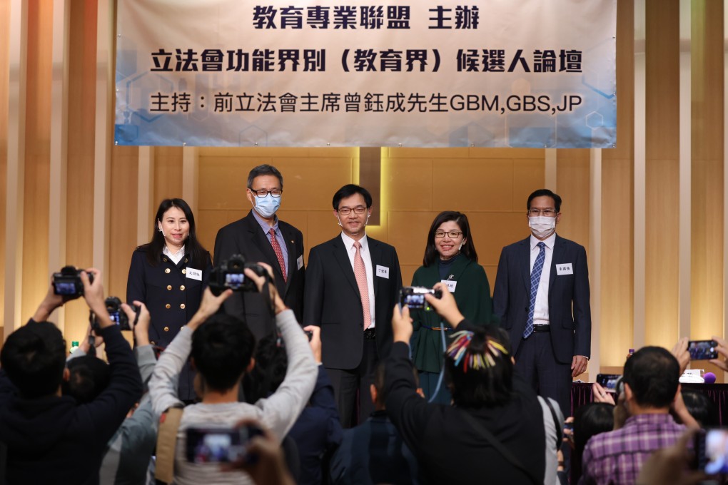 The five candidates for the Legislative Council education functional constituency seat: Jessica Man,  James Lam, Ting Kin-wa, Lam Wing-sze and Chu Kwok-keung. Photo: Nora Tam