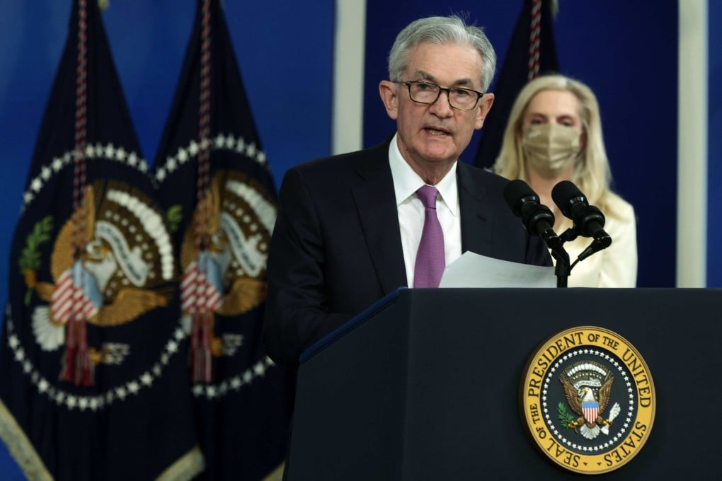 Fed chair Jerome Powell speaks after being nominated for a second term as Lael Brainard looks on following her nomination as the next Fed vice-chair, at the Eisenhower Executive Office Building in Washington, DC, on November 22. Photo: Getty Images/AFP