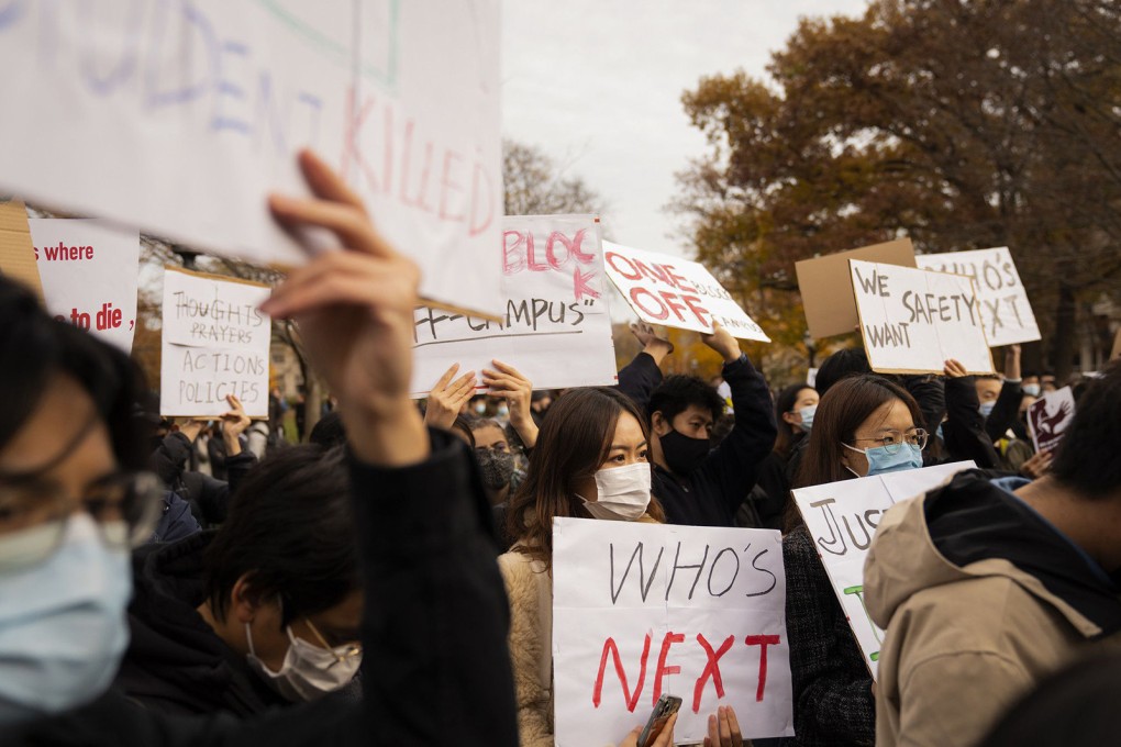 Almost 200 students rally on the University of Chicago campus after the death of Dennis Zheng Shaoxiong, a recent graduate. Photo: TNS