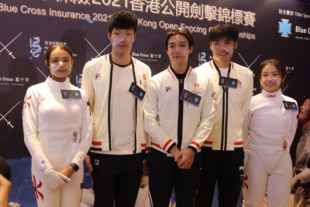 (From left) Hong Kong fencers Coco Lin Yik-hei, Edgar Cheung Ka-long, Nicholas Edward Choi, Cheung Siu-lun and Moonie Chu Ka-mong at the 2021 Hong Kong Open Fencing Championships press conference in Kwun Tong. Photo: SCMP / Nora Tam