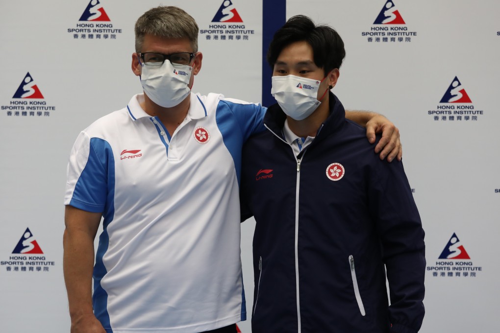 Hong Kong gymnastics coach Sergiy Agafontsev (left) and men’s vault gymnast Stone Shek Wai-hung at the Shun Lee Tsuen Sports Centre in Kwun Tong. Photo: Jonathan Wong