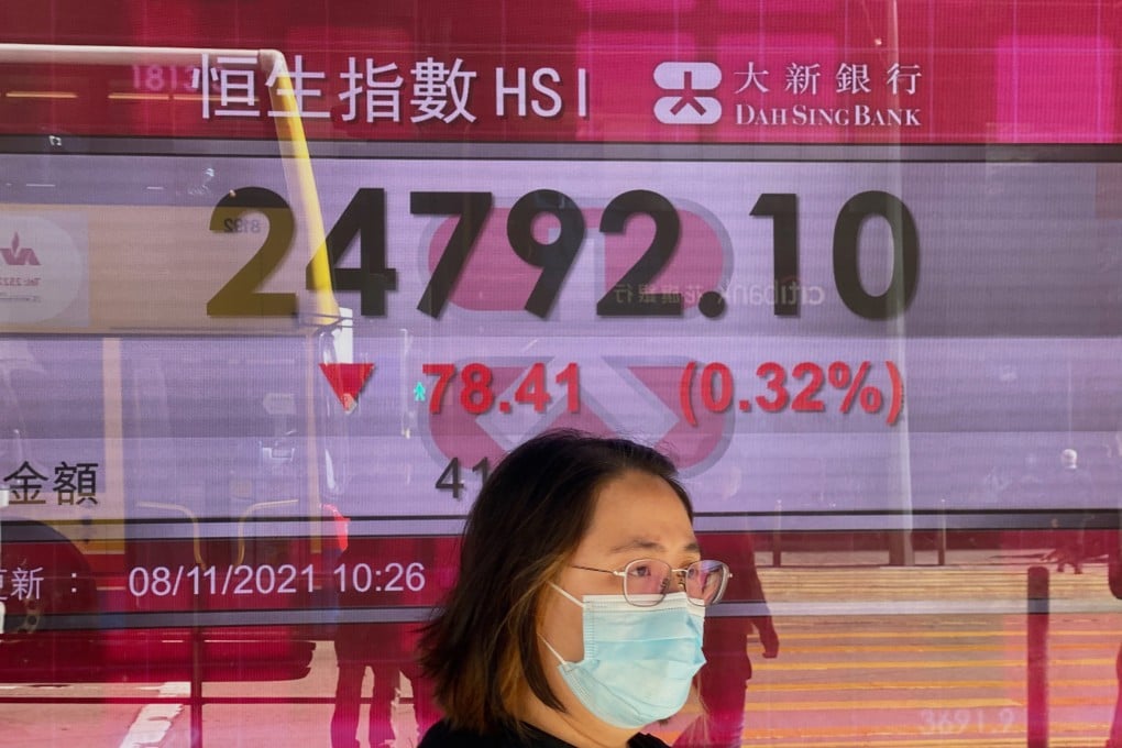 A woman walks past a bank’s electronic board showing the Hang Seng Index on Novenber 8. Photo: AP