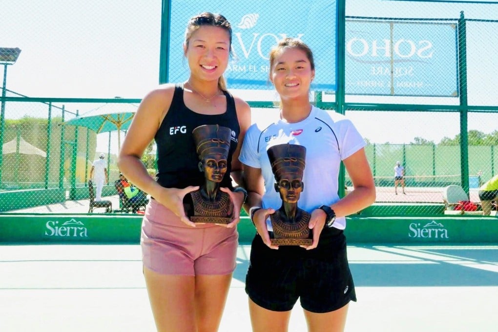 Hong Kong women’s tennis champion Eudice Chong (left) and Cody Wong after winning the doubles final in week two of the ITF World Tennis Tour in Egypt. Photos: Hong Kong Tennis Association