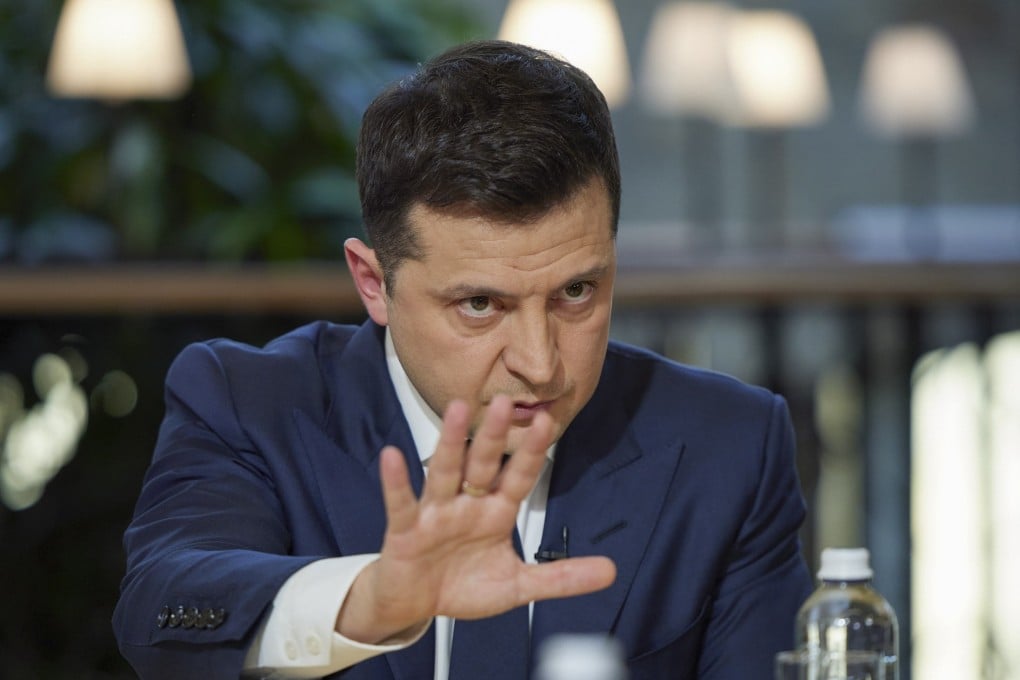 Ukrainian President Volodymyr Zelensky speaks with media during a press marathon at the Creative State Arsenal venue in Kiev on Friday. Photo: Ukraine presidential press service via EPA-EFE