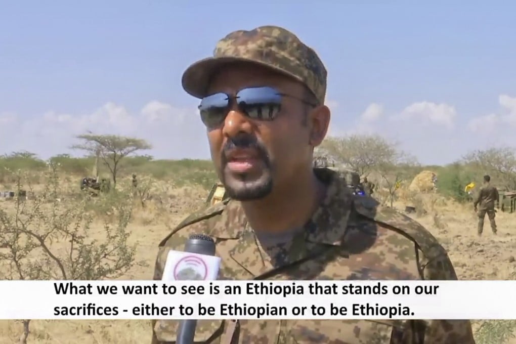 A still from a subtitled video shows Ethiopian Prime Minister Abiy Ahmed in military uniform speaking from an unidentified location in Ethiopia. Photo: Prime Minister of Ethiopia via AP