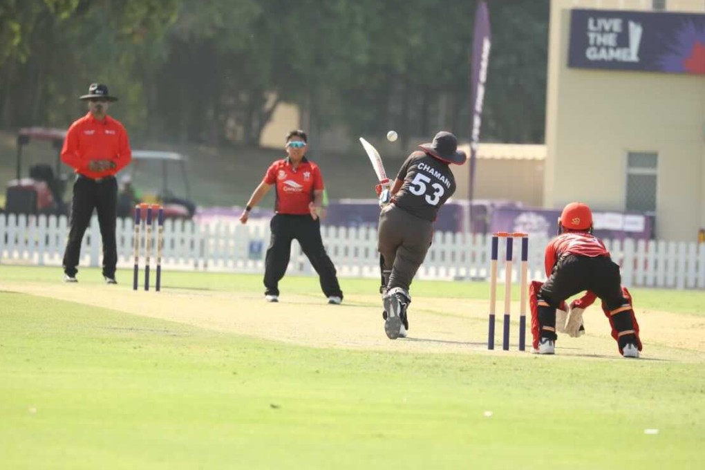 Hong Kong v UAE at ICC Academy in Dubai for Women’s T20 World Cup Asian regional qualifier. UAE batsman Chamani Seneviratna drives a ball back towards Hong Kong’s Betty Chan during at the ICC Academy grounds in Dubai. Photo: ICC