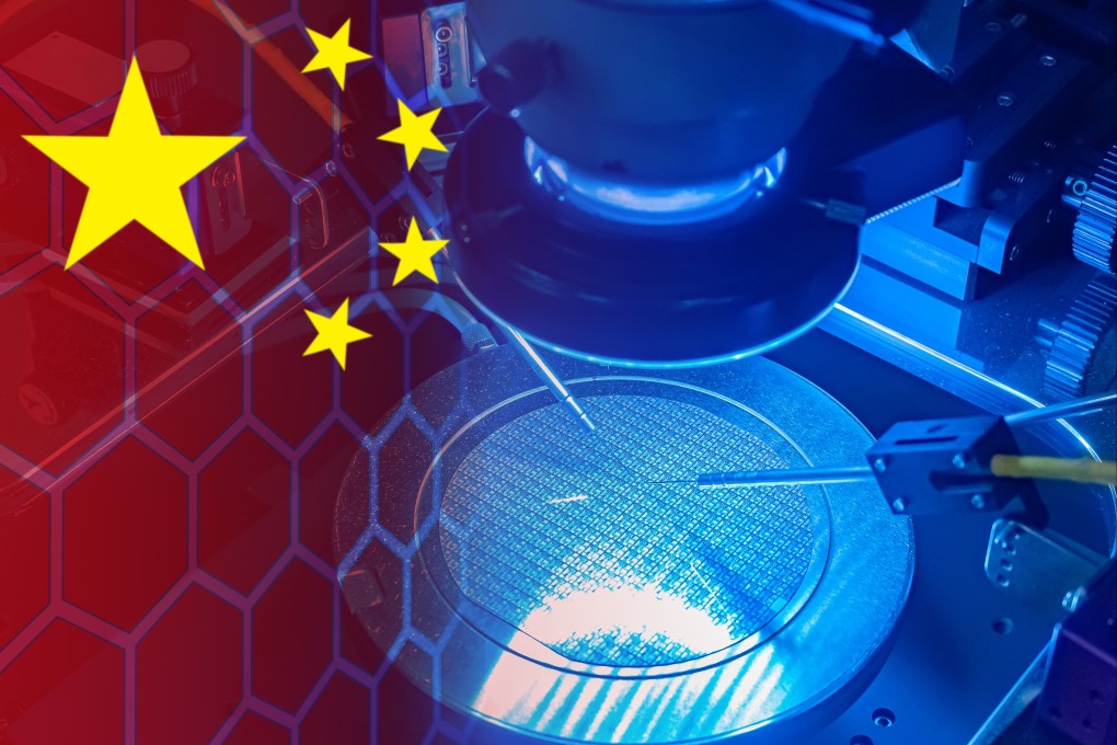 A chip assembly machine is seen in the background of the Chinese flag in this photo illustration. Photo: Shutterstock