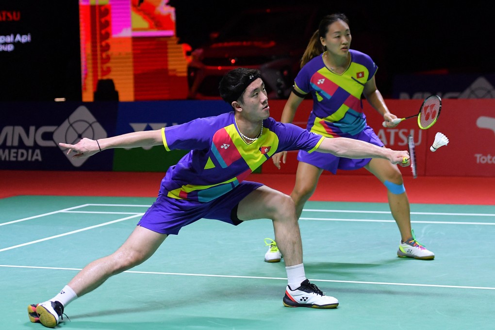 Tang Chun-man (front) and Tse Ying-suet competing against Japan’s Yuta Watanabe and Arisa Higashino during their mixed doubles semi-final at the Indonesia Masters in Bali. Photo: Badminton Association of Indonesia / AFP