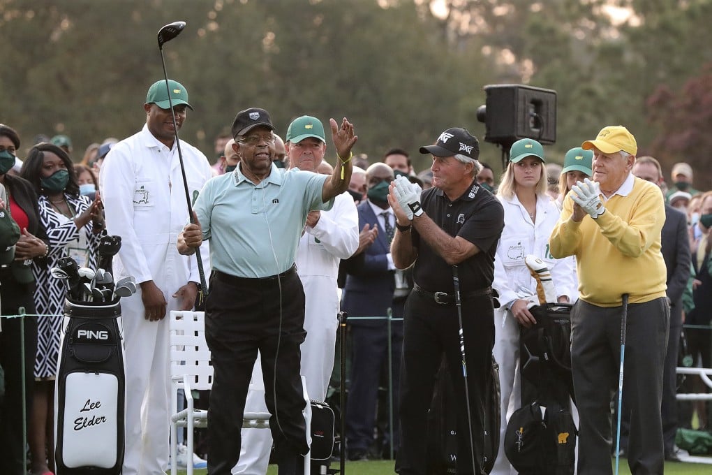 Honorary starter Lee Elder (left) is applauded by Gary Player (centre) and Jack Nicklaus during introductions for the ceremonial tee shots to begin the Masters at Augusta National in April. Photo: AP