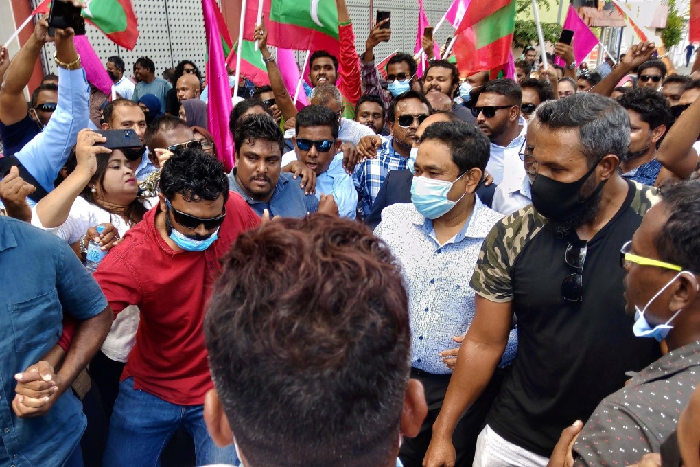 Former Maldives president Abdulla Yameen is pictured outside his residence after being freed from house arrest in Male on November 30. Photo: Reuters
