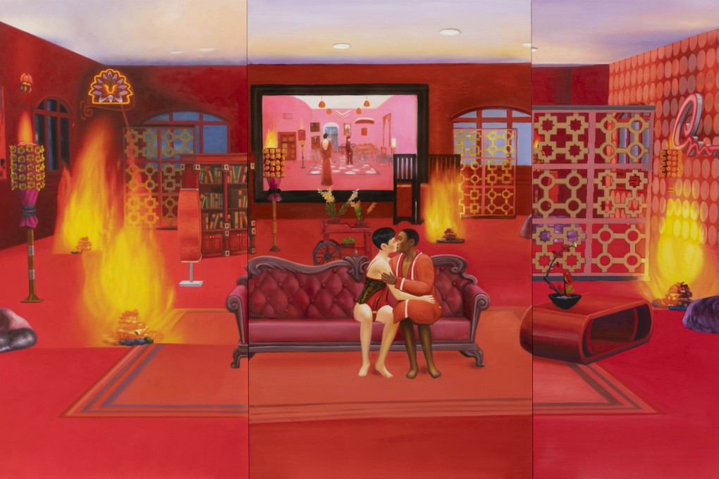 Feng Shui Painting, Fire 4 (2021) by Mak Ying-tung 2. The triptych, part of the artist’s “Home Sweet Home” series, was created using computer game The Sims and contains auspicious configurations of astrological concepts. Photo: Courtesy of the artist and de Sarthe