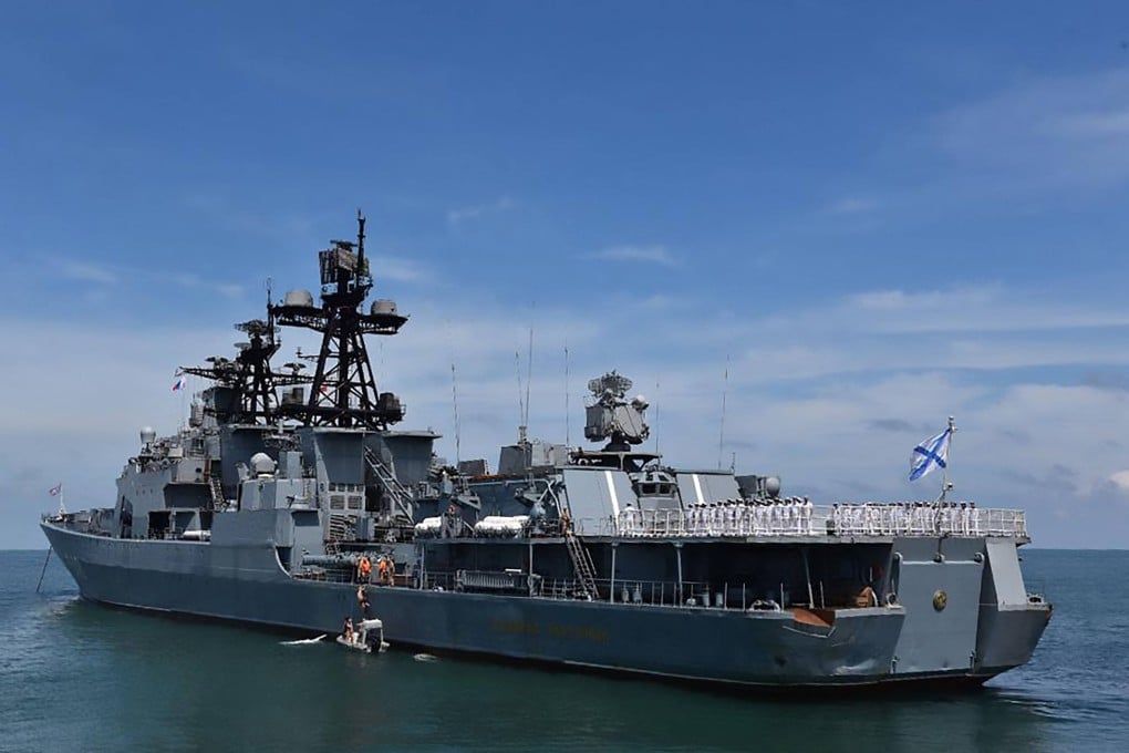 The Russian destroyer Admiral Panteleyev is seen off the waters of Belawan during a joint exercise between the Indonesian Navy, the Russian Navy and Asean members on December 1. Photo: AFP