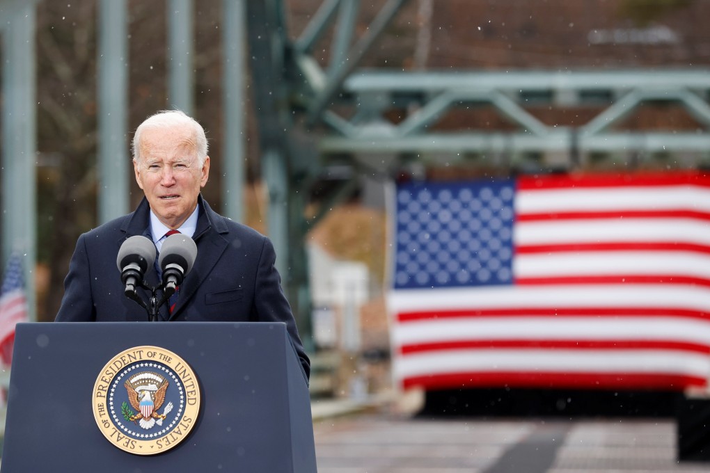 U.S. President Joe Biden delivers remarks on infrastructure construction projects from the NH 175 bridge across the Pemigewasset River in Woodstock, New Hampshire, U.S., November 16, 2021. REUTERS/Jonathan Ernst