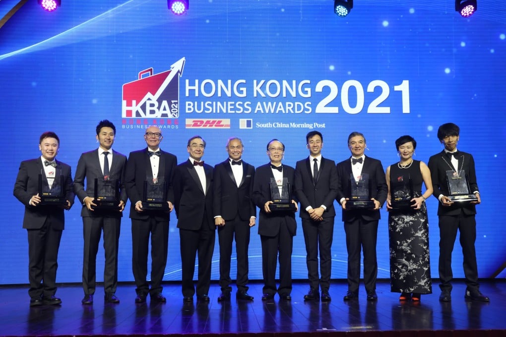 Group photo of DHL / SCMP Hong Kong Business Awards 2021 (L to R)
Stanley Kwok, Co-Founder of KnitWarm Limited;
Ronald Chan Yik-long, Executive Director, Chairman of the Board, and General Manager of MDLCL, Modern Dental Group Limited;
Donald Choi, Executive Director and CEO of Chinachem Group;
Professor Richard Wong, Provost and deputy vice-chancellor, Chair of Economics, The University of Hong Kong;
Ng Chee-choong, Senior Vice President & Managing Director, DHL Express Hong Kong and Macau;
Kenneth Lo, Chairman of the Board and Executive Director of Crystal International Group Limited;
Gary Liu, CEO of South China Morning Post;
Sebastian Paredes, Chief Executive Officer of DBS Hong Kong;
Sammi Hung, Regional Head, Vaccines Business (HK & Macau), Shanghai Fosun Pharmaceutical (Group); Benny Liu, Founder & CEO of HK Decoman Technology Limited, at Grand Hyatt Hotal in Wan Chai. 02DEC21. SCMP / May Tse