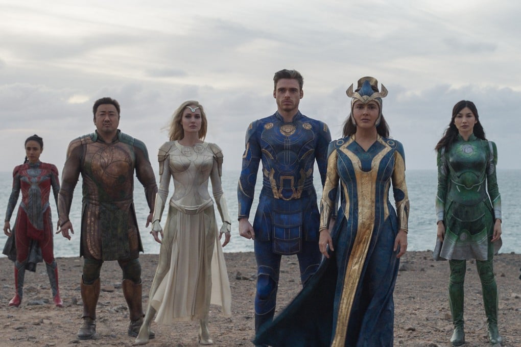 Characters in The Eternals (from left): Kingo (Kumail Nanjiani), Makkari (Lauren Ridloff), Gilgamesh (Don Lee), Thena (Angelina Jolie), Ikaris (Richard Madden), Ajak (Salma Hayek) and Sersi (Gemma Chan). Makkari is the first deaf superhero in the Marvel Cinematic Universe. Photo: Marvel Studios